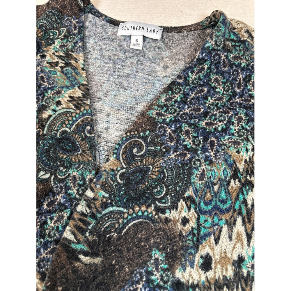 Southern‎ Lady Womens Paisley Print Open Front Cardigan Blue Brown Size S 8384